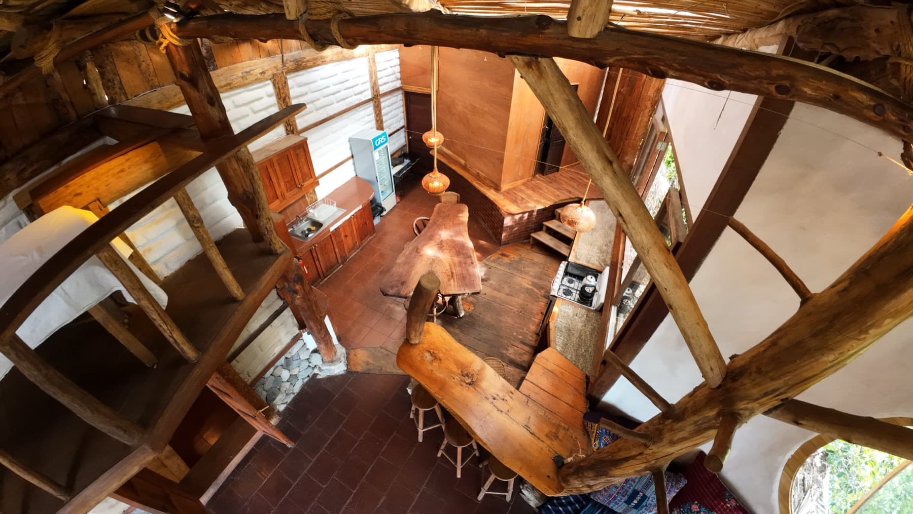 Overhead view of El Taller's kitchen and dining area